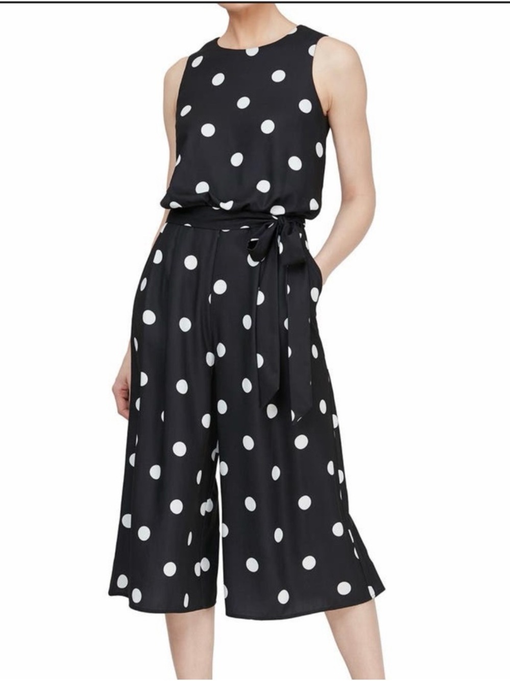 Black and White Polka Dot Sleeveless Wide Cropped Leg Jumpsuit with Tie Waist